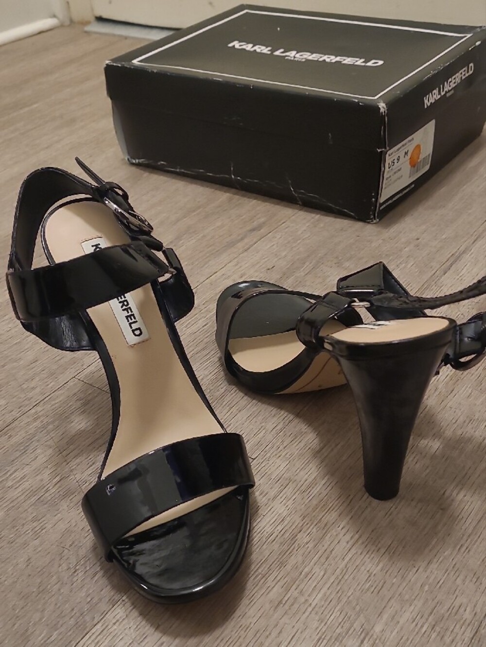 NIB Karl Lagerfeld Black Patent Ankle-Strap Heels